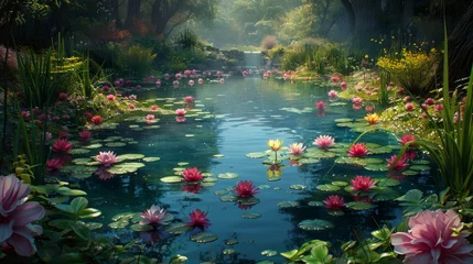 Foto op Canvas  A tranquil pond brimming with water lilies, surrounded by a verdant forest teeming with vibrant pink blossoms © Nadia
