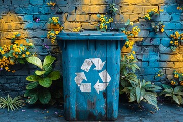 A weathered recycling bin adorned with the recycling symbol stands amidst a lush background, emphasizing eco-awareness.