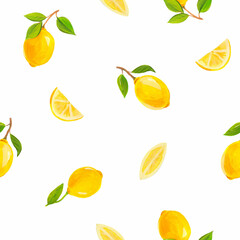 Beautiful fresh summer design with watercolor yellow lemon fruits on white background. Stock illustration. Ready print for textile. Seamless pattern.