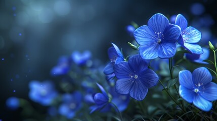  A detailed picture of blue blossoms against a black backdrop, with a slightly out-of-focus depiction of the flowers behind