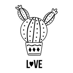 Hand-drawn vector postcard of cactus with calligraphy, lettering. Graphic design in outline doodle style, prickly plant, blooming cactus, succulent plant in pot, typography element. House plant.