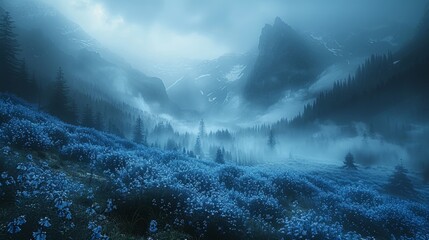  Mountain scene with blue flowers in the foreground, misty sky beyond
