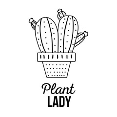 Hand-drawn vector postcard of cactus with calligraphy, lettering. Graphic design in outline doodle style, prickly plant, blooming cactus, succulent plant in pot, typography element. House plant.