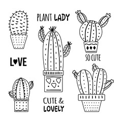 Hand-drawn vector cacti set with calligraphy, lettering. Outline doodle style graphic design of spiny plants, blooming cacti, succulent plants in colorful ceramic pots. Home plants, mexico cactus.