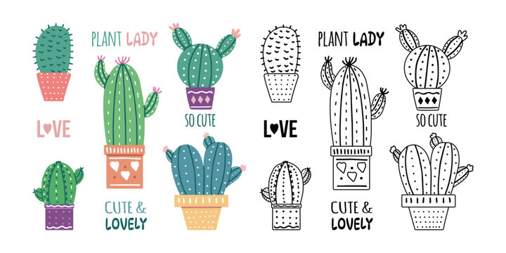 Hand-drawn vector cacti set with calligraphy, lettering. Outline doodle and flat colored graphic design of spiny plants, blooming cacti, succulent plants in colorful ceramic pots. Home plants