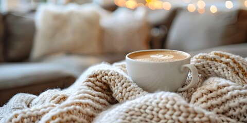 Cozy Blanket and Aromatic Coffee on a Comfortable Sofa - A Serene Moment of Relaxation and Contentment in a Warm,Inviting Home Setting
