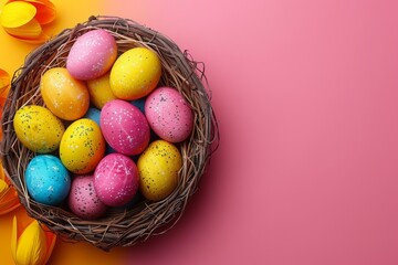 Colorful speckled Easter eggs piled in a wicker basket on a vibrant pink and orange background.