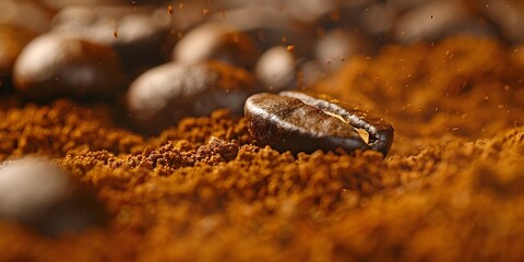 Freshly Ground Coffee Beans Releasing Aromatic Flavors in Close-Up View