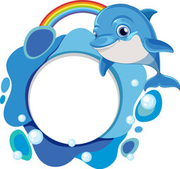 Cute dolphin cartoon with colorful rainbow and bubbles.