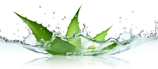 A detailed shot of a single leaf falling into water, creating a splash, set against a clean white background - Powered by Adobe