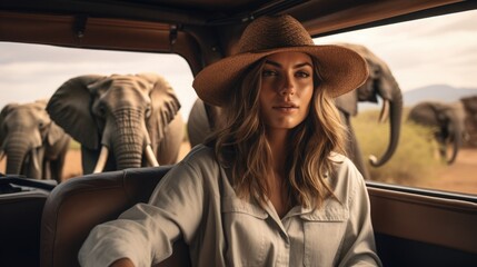 woman standing in a safari vehicle touring elephants in the summer