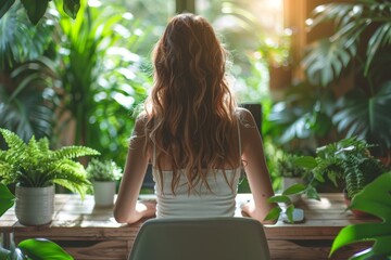 A woman in a white tank top enjoys the lush greenery of her plant-filled sunroom.