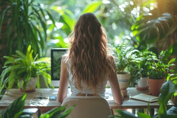 A woman in a white tank top enjoys the lush greenery of her plant-filled sunroom.