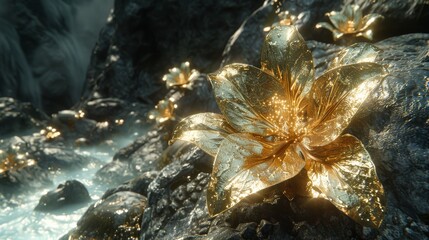  A macro of a bloom resting atop a stone near a lake, surrounded by boulders