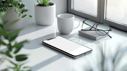 A sleek cell phone sits next to a steaming cup of coffee on a wooden table, ready for a morning chat.  Mobile Phone Mockup with white screen