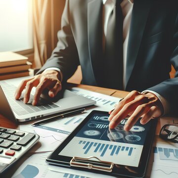  Business Man Working At Office With Digital Tablet And Laptop Computer Calculating Financial Report Graph Data Documents On Desk, Close Up, Business Analysis, Work Process Concept 