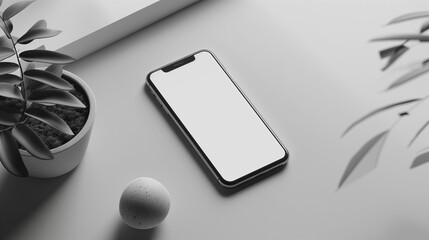A modern cell phone sits atop a wooden table next to a vibrant potted plant, symbolizing the intersection of technology and nature.  Mobile Phone Mockup with white screen