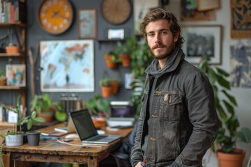 A man stands confidently in a creative workspace surrounded by plants and art.