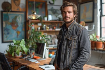 A man stands confidently in a creative workspace surrounded by plants and art.