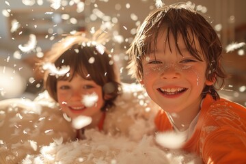 Joyful children play in a sea of feathers, glowing with happiness.