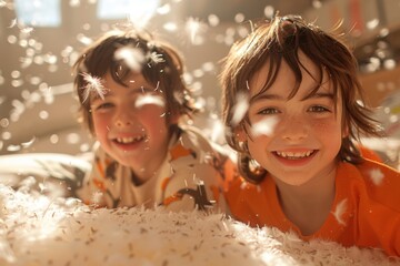 Joyful children play in a sea of feathers, glowing with happiness.