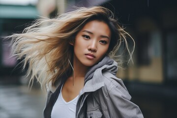 Portrait of a beautiful young asian woman with flying hair outdoors