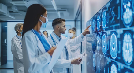 Diverse medical team discussing patient data on a digital screen in a clinic, showcasing AI technology for an ultrarealistic and cinematic look