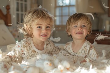 Two young siblings in pajamas delight in a playful pillow fight.