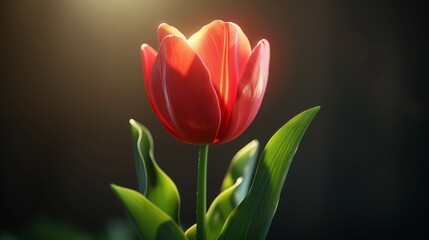  A lone crimson tulip with verdant foliage in the foreground, illuminated by an intense background light source