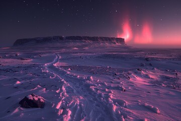 Northern lights over a snowy desert with a mountain plateau.