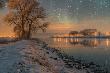 Starry night sky above a snowy riverbank with city lights in the distance.