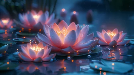 Foto op Canvas  A cluster of pink water lilies bobbing atop water alongside a pond © Nadia