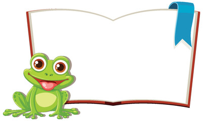 Cartoon frog sitting beside a blank open book