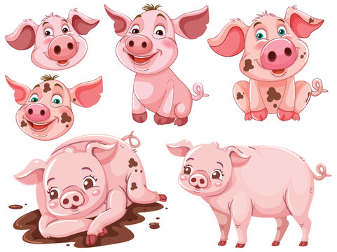 Collection of cute cartoon piglets in various poses.