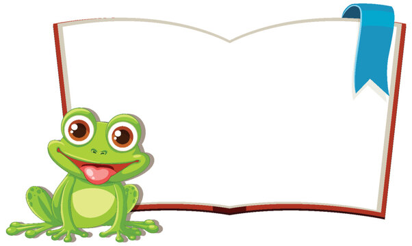 Cartoon frog sitting beside a blank open book