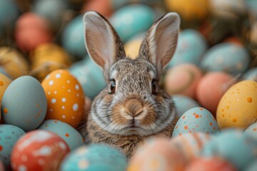Fototapeta na wymiar A bunny surrounded by pastel-colored Easter eggs with soft focus.