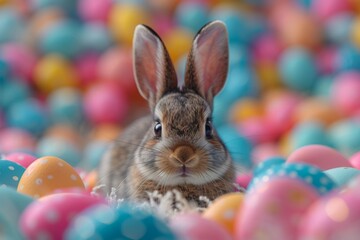 Fototapeta na wymiar A brown rabbit surrounded by a sea of multicolored Easter eggs.