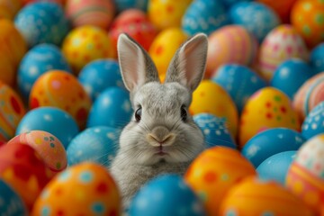 Fototapeta na wymiar A rabbit peeking out amidst colorful Easter eggs.