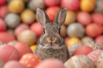 Fototapeta na wymiar Close-up of a rabbit among an assortment of colorful Easter eggs.