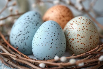 Naklejka na ściany i meble Speckled eggs in pastel blue and brown shades rest in a twig nest with delicate white blossoms.