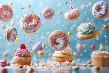 Confectionery and sweets collage Donuts, cupcakes, cookies, macaroons flying over blue background