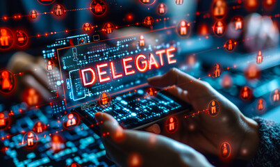 Concept of delegate, person holding device with word Delegate surrounded by icons representing people or connections, suggesting the act of assigning tasks, authority, or responsibilities to others - obrazy, fototapety, plakaty