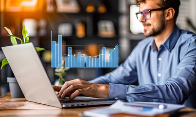 A business professional analyzing a holographic bar chart displaying increasing revenue growth, illustrating successful financial performance and profit gains through data-driven insights on a laptop