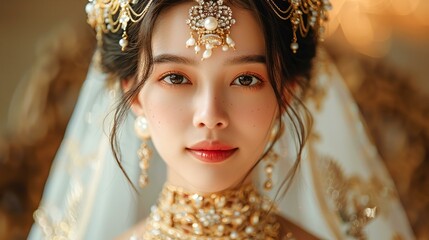 Beautiful girl in the image of the Asian bride with expensive jewelry, oriental make-up and bridal tiara, earrings and necklace The beauty of the face Photos shot in the studio