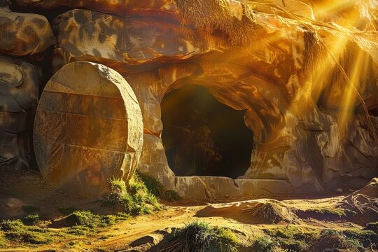Resurrection Dawn at Christ's Empty Tomb. Easter Sunday Illustration - Christ is Risen.

