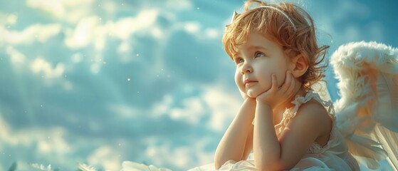 Baby Angel Wings, Angelic Cupid Kid, adorable girl Child sitting and posing at Blue Sky Cloud, with copy space