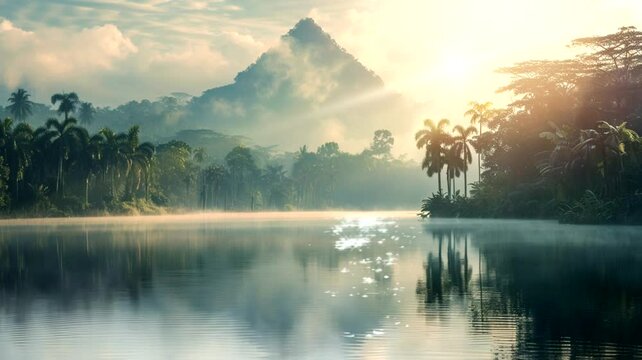 Lake scene with pyramids in the background, animated virtual repeating seamless 4k	
