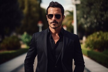 Portrait of a handsome young man wearing sunglasses and a black suit