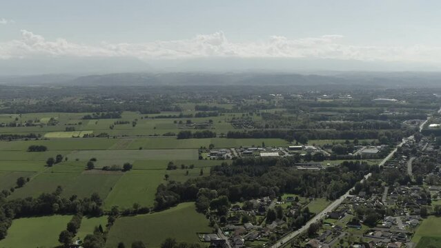 Country landscape of Lourdes city, Hautes-Pyrenees in France. Aerial forward and sky for copy space