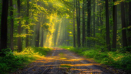 Fototapeta na wymiar Mystic Forest Path under Sunlight, Green Trees and Autumn Foliage Magic